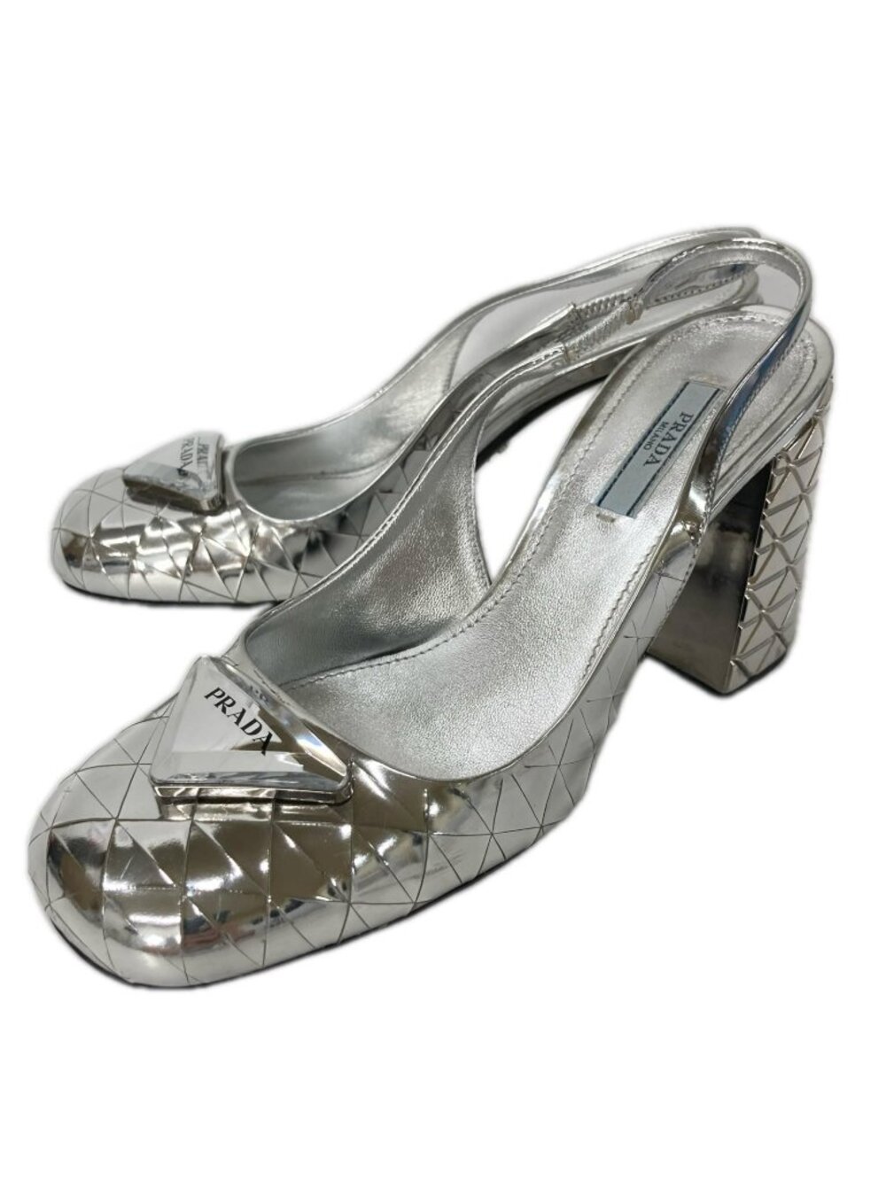 Prada Clear Triangle Plate Quilted Design Slingback Pumps Heel
